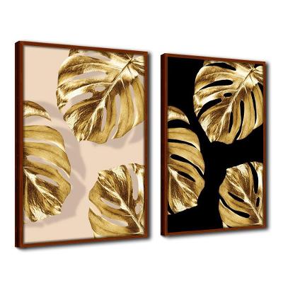 Quadro Premium Textura Cx Alta Folhas De Ouro 5 2Un 40X60 Titulo Moldura Ocre