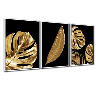 Quadro Premium Textura Cxalta Folha Ouro Em Preto1 3Un 40X60 Titulo Moldura Branca