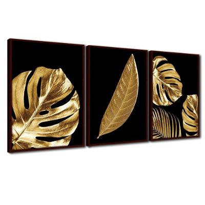 Quadro Premium Textura Cxalta Folha Ouro Em Preto1 3Un 40X60 Titulo Moldura Madeira