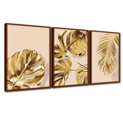 Quadro Premium Textura Cx Alta Folhas Ouro Em Bege 3Un 40X60 Titulo Moldura Ocre