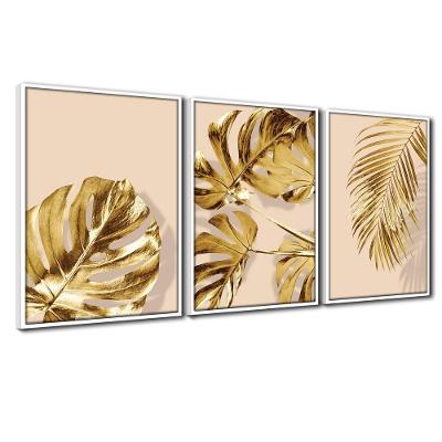 Quadro Premium Textura Cx Alta Folhas Ouro Em Bege 3Un 40X60 Titulo Moldura Branca