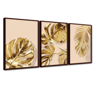 Quadro Premium Textura Cx Alta Folhas Ouro Em Bege 3Un 40X60 Titulo Moldura Madeira