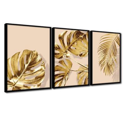 Quadro Premium Textura Cx Alta Folhas Ouro Em Bege 3Un 40X60 Titulo Moldura Preta