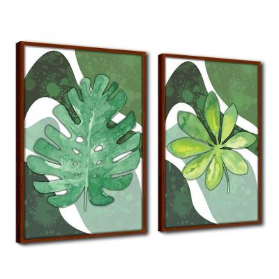 Quadro Premium Textura Cx Alta Folha Sob Verde 2 2Un 40X60  Titulo Moldura Ocre