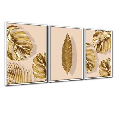 Quadro Premium Textura Cxalta Folhas Ouro Em Bege3 3Un 40X60 Titulo Moldura Branca