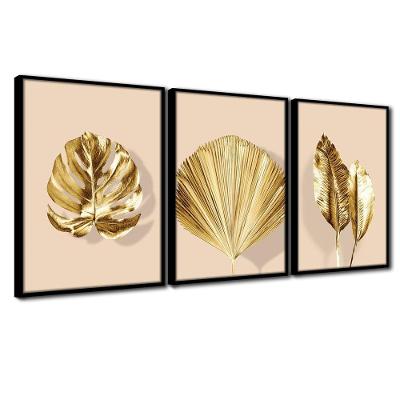 Quadro Premium Textura Cxalta Folhas Ouro Em Bege2 3Un 40X60 Titulo Moldura Preta