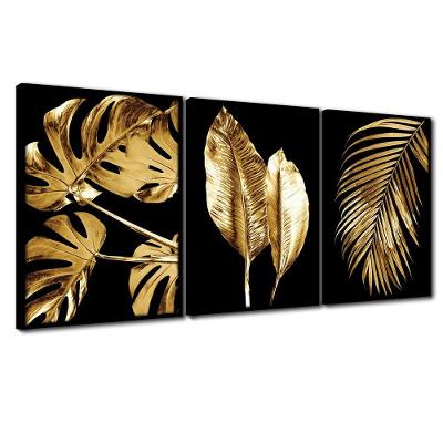 Quadro Premium Textura Cxalta Folha Ouro Em Preto3 3Un 40X60 Titulo Moldura Preta