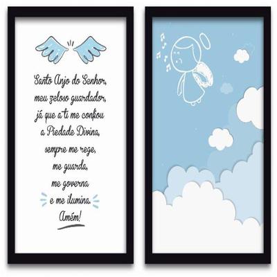Conjunto Quadros Decorativos 2 Peças 40X60 Menino Anjo Titulo Moldura Preta