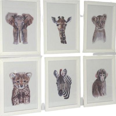 Quadro Infantil Safari 6 Un A4 Vidro E Pendurador