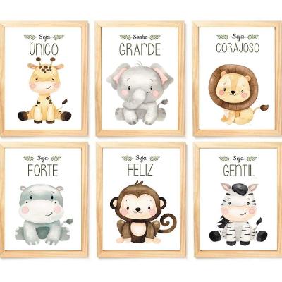 Quadro Infantil Safari 6 Un A4 Vidro E Pendurador.