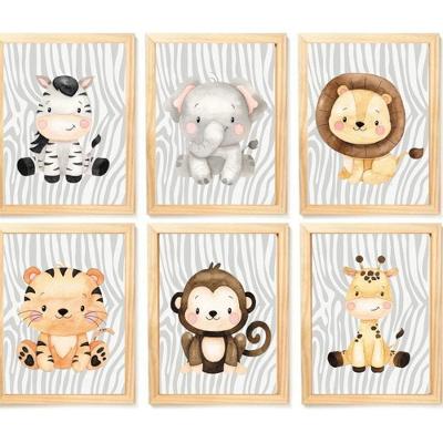 Quadro Infantil Safari 6 Un A4 Vidro E Pendurador.