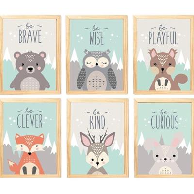 Quadro Infantil Animais 6 Un A4 Vidro E Pendurador