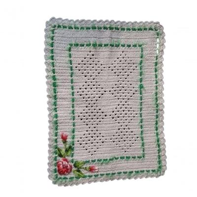 Tapete De Crochê Branco Com Flor Artesanal