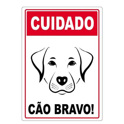 Adesivo Placa Cuidado Cão Bravo Vertical 27X17Cm Vermelho