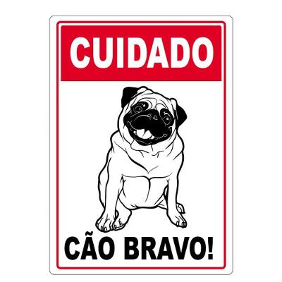 Adesivo Placa Cuidado Cão Bravo Vertical 27X17Cm Vermelho