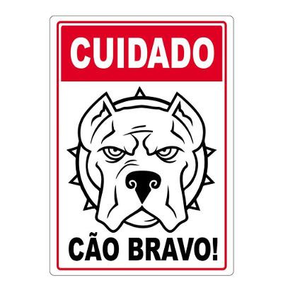 Adesivo Placa Cuidado Cão Bravo Vertical 27X17Cm Vermelho