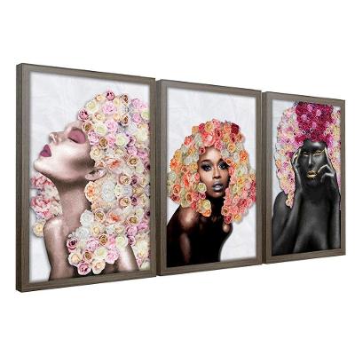 Kit 3 Quadros Decorativos 30X45 Mulheres Rosto Flores Rosas Titulo Moldura Madeira