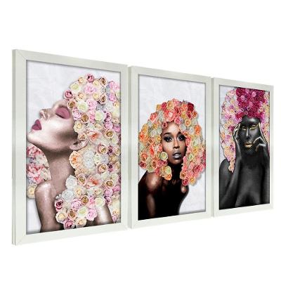 Kit 3 Quadros Decorativos 20X30 Mulheres Rosto Flores Rosas Titulo Moldura Branca