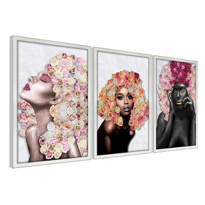 Kit 3 Quadros Decorativos 30X45 Mulheres Rosto Flores Rosas Titulo Moldura Branca