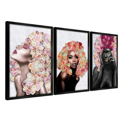 Kit 3 Quadros Decorativos 30X45 Mulheres Rosto Flores Rosas Titulo Moldura Preta