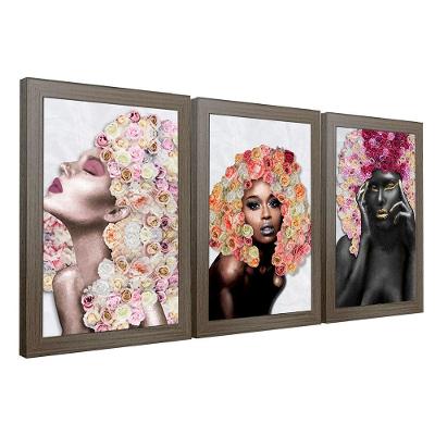 Kit 3 Quadros Decorativos 20X30 Mulheres Rosto Flores Rosas Titulo Moldura Madeira