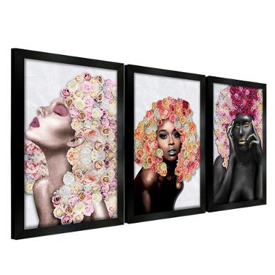 Kit 3 Quadros Decorativos 20X30 Mulheres Rosto Flores Rosas Titulo Moldura Preta
