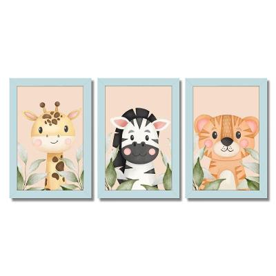 Kit Quadros Infantil Safari Aquarela 20X30 3 Peças Titulo Moldura Azul