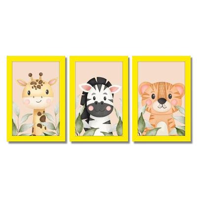 Kit Quadros Infantil Safari Aquarela 20X30 3 Peças Titulo Moldura Amarela