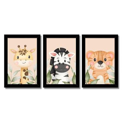 Kit Quadros Infantil Safari Aquarela 20X30 3 Peças Titulo Moldura Preta