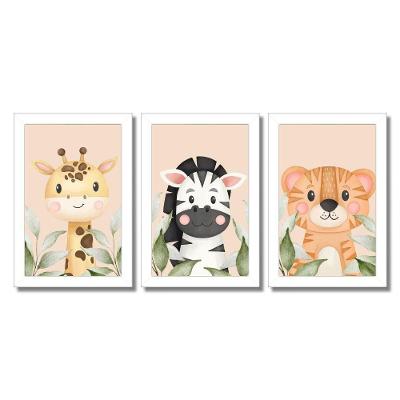 Kit Quadros Infantil Safari Aquarela 20X30 3 Peças Titulo Moldura Branca