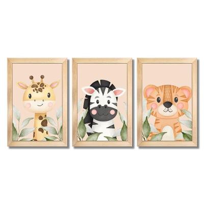 Kit Quadros Infantil Safari Aquarela 20X30 Com Vidro Titulo Moldura Mel