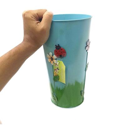 Vaso Balde Enfeite De Ferro Jardim Varanda Flor Azul