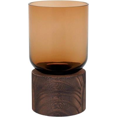 Mondello Vaso 18X10X10Cm Vidro Âmbar Base Madeira