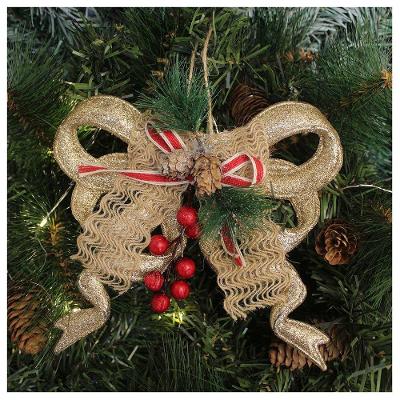 Kit 2 Enfeite Pendente Natalino Laço Dourado Com Brilho Natal 18cm