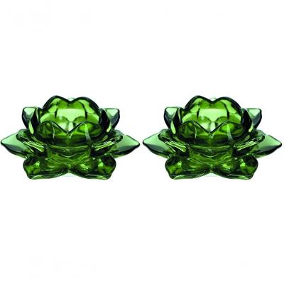 Jogo Porta Velas Castiçal Flor De Lotus Vidro Verde 2 Un