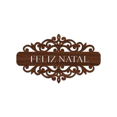 Placa Feliz Natal Com Arabesco 30cmx17cm - Cria Arte Laser Madeira Escuro