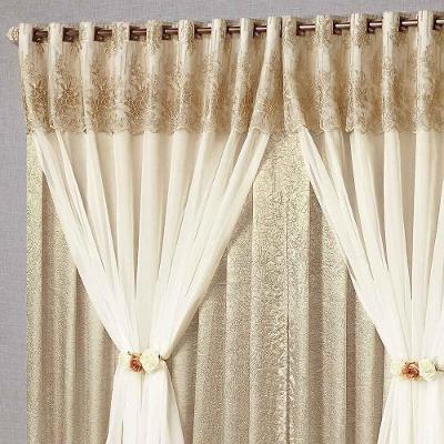 Cortina Nobreza 3,00M X 2,50M Tecido Cetim Amassado Voil Bandô Bordado Floral - Bronze