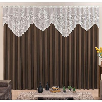 Cortina Nicole 2 Metros Café Tecido Microfibra Com Renda Floral Sala Quarto