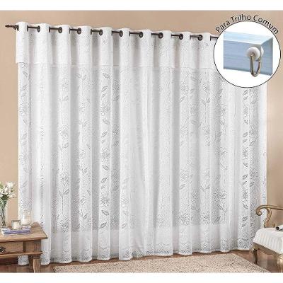 Cortina Luna 3 Metros Para Trilho Comum Branca Renda Floral Sala Ou Quarto