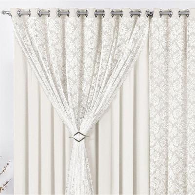 Cortina Yasmin 2,00M X 1,70M Palha Trilho Comum Tecido Malha Renda Floral Leve