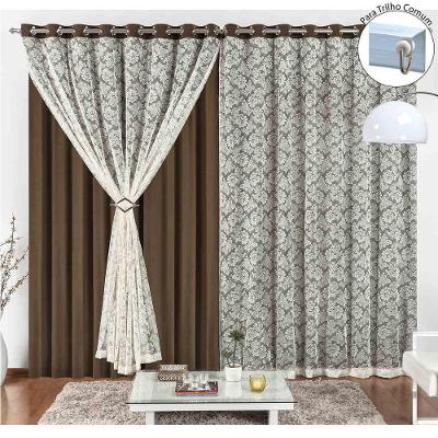 Cortina Yasmin 2,00M X 1,70M Tabaco Trilho Comum Tecido Malha Renda Floral Leve
