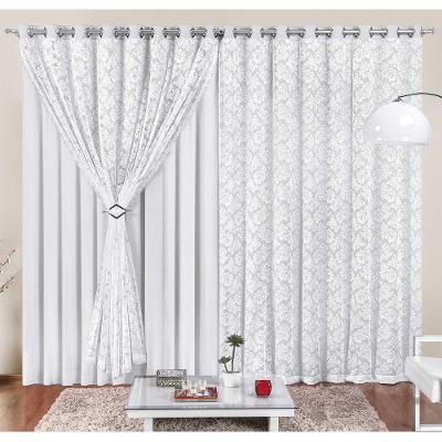 Cortina Yasmin 2 Metros Branca Tecido Malha Com Renda Floral Sala Ou Quarto
