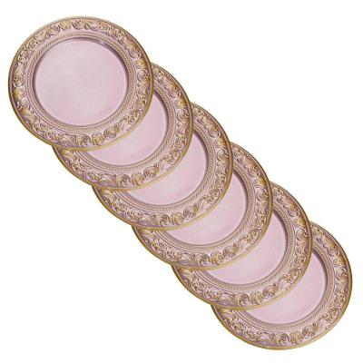 Kit 6 Sousplats De Plástico Rosa E Dourado Com Detalhe Em Arabesco 33 Cm - D'rossi