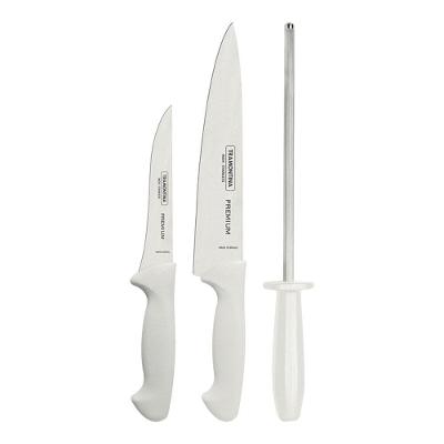 Jogo Facas Lamina Inox Premium Profissional Cabo Branco 3 Peças Com Chaira - Tramontina 24499812