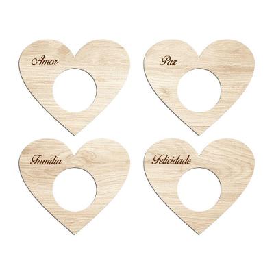 Porta Guardanapo Coração Desejos Kit 4 Peças 7,5cmx6,5cm - Cria Arte Laser Madeira Clara