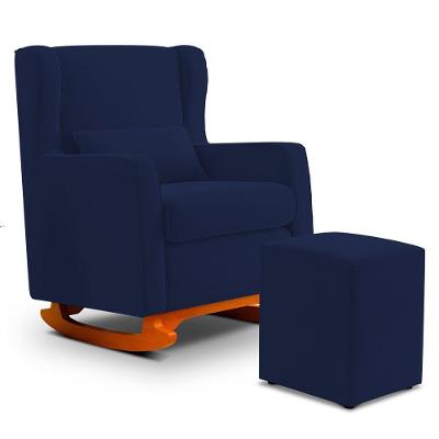 Poltrona De Amamentação E Descanso Zoe Com Base Balanço E Puff Sintético Azul Marinho - Desk Design