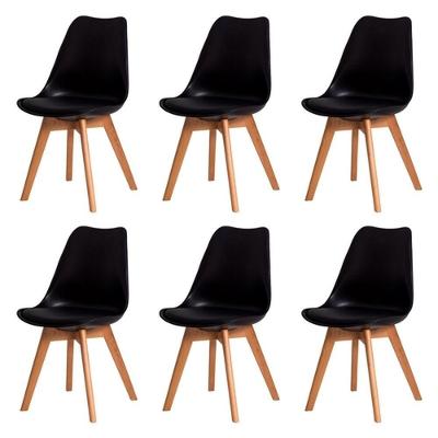Kit C/ 6 Cadeiras Leda Charles Eames Saarienen Wood Com Almofada Preta