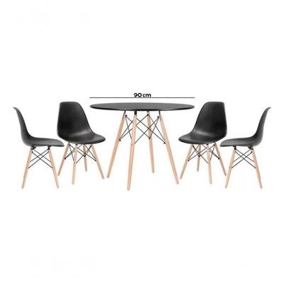 Jogo De Mesa 4 Cadeiras Pretas Eames Eiffel 90cm Base Madeira Tampo Preto New