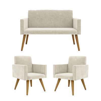 Kit Namoradeira + 2 Poltronas Decorativas Recepção bege