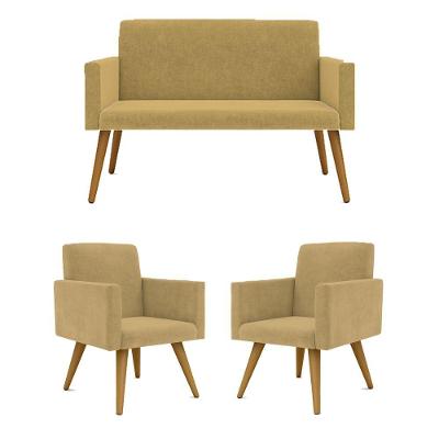 Kit Namoradeira + 2 Poltronas Decorativas Recepção capuccino